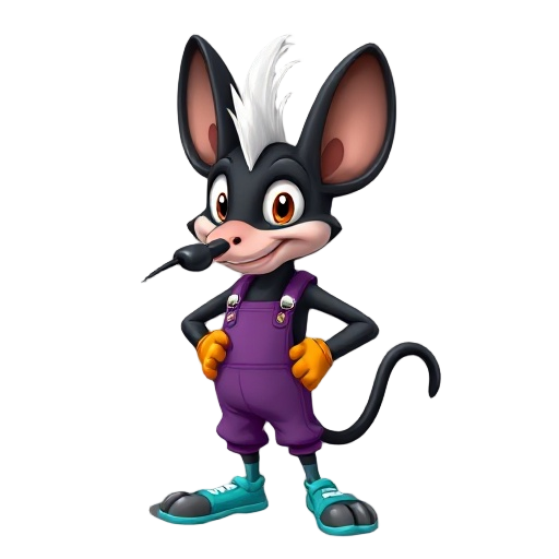 a 1930s-style cartoon jerboa with tall black ears, long toes, long snout, black fur, white facial crest, and big expressive eyes, dressed in purple overalls, teal shoes, and orange gloves. short snout, rubber hose limbs, confident pose, simple shading,