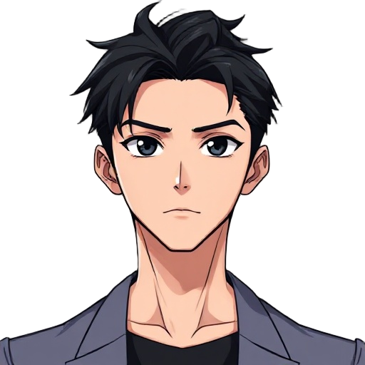 generic anime male protagonist with black hair, black eyes, fair skin, super handsome and stylish