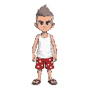 anime-style male, gray buzz cut, asian skin, serious face, white tank top, red shorts with white dots, flip-flops. both arms straight. light background, black-and-white line art with selective color