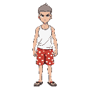 anime-style male, gray buzz cut, asian skin, serious face, white tank top, red shorts with white dots, flip-flops. both arms straight. light background, black-and-white line art with selective color.