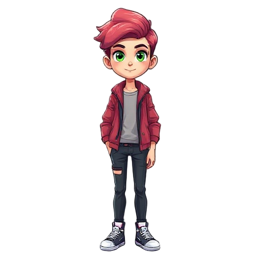 crie um jovem de 13 anos com cabelo rosa e olhos verde deixe um estilo atraente e fofo e roupas bonitas