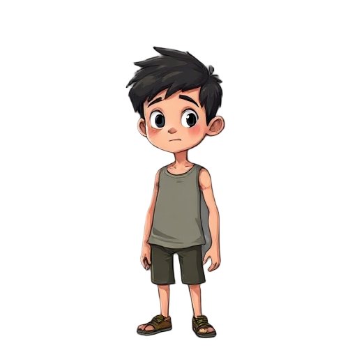 age: 12 years old, but looks younger due to his thinness and difficult life  body type: thin, almost fragile, with prominent collarbones and shoulder blades  missing arm: the left arm is missing just 