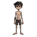 age: 12 years old, but looks younger due to his thinness and difficult life  body type: thin, almost fragile, with prominent collarbones and shoulder blades  missing arm: the left arm is missing just 