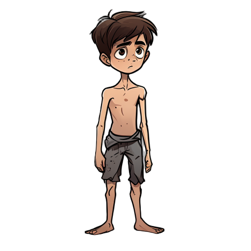 age: 12 years old, but looks younger due to his thinness and difficult life  body type: thin, almost fragile, with prominent collarbones and shoulder blades  missing arm: the left arm is missing just 