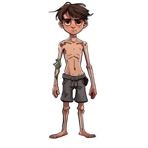 age: 12 years old, but looks younger due to his thinness and difficult life  body type: thin, almost fragile, with prominent collarbones and shoulder blades  missing arm: the left arm is missing just 