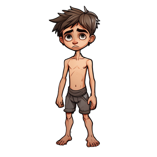 age: 12 years old, but looks younger due to his thinness and difficult life  body type: thin, almost fragile, with prominent collarbones and shoulder blades  missing arm: the left arm is missing just 