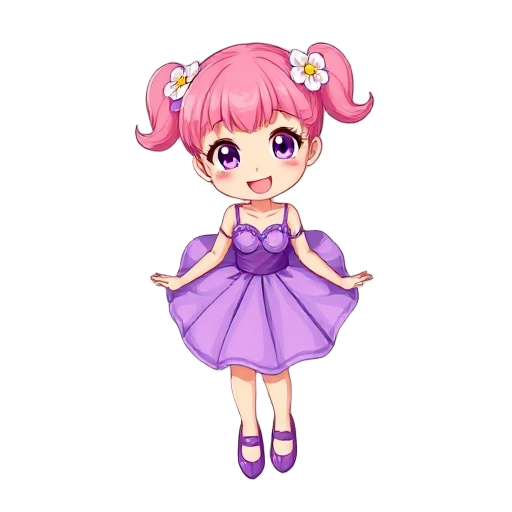 an energetic and happy girl, with pink hair decorated with flower clips, wearing a beautiful, shiny purple dress.