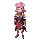 a serious young woman, with pink hair decorated with flower clips, a beautiful suit of armor of different colors