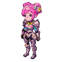 a serious young woman, with pink hair decorated with flower clips, a beautiful suit of armor of different colors