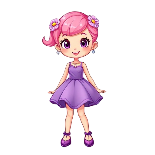 an energetic and happy girl, with pink hair decorated with flower clips, wearing a beautiful, shiny purple dress.