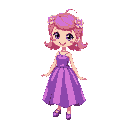 an energetic and happy girl, with pink hair decorated with flower clips, wearing a beautiful, shiny purple dress.