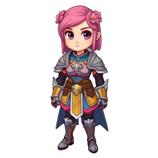 a serious young woman, with pink hair decorated with flower clips, a beautiful suit of armor of different colors
