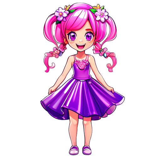 an energetic and happy girl, with pink hair decorated with flower clips, wearing a beautiful, shiny purple dress.