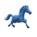 blue horse running facing to the right