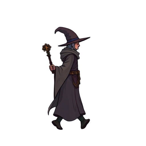 ((hand drawn)) digital concept drawing, (a cleric, a wizard, (((from side) (15 degree rotated))), walking through a dangerous dungeon), (in the style of darkest dungeon) muted colours, holds magic wand, stay, not walking, posed