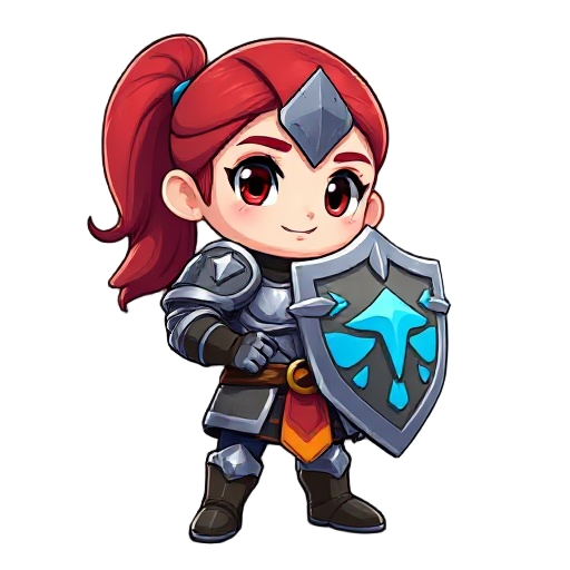 valkiria plate armory, red hair, escudo pequeño con toques azules