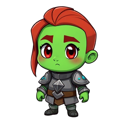 spritesheets 32x64 de altura, orc ojos rojos piel verde, red hair, escudo pequeño con toques azules