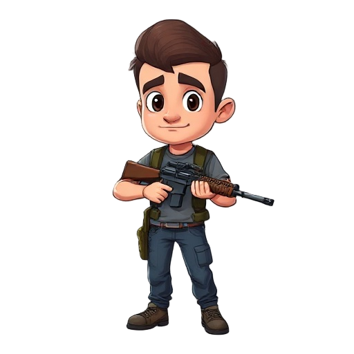 a man with a big head and small body holding a rifle 