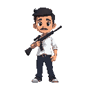a small cartoonish man, wearing white shirt, dark-blue jeans, holding a rifle on his hand, a black hair 