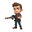 a man with a big head and small body holding a rifle 