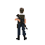 a small character is a south-east facing male soldier with a white shirt, dark blue pants, black military boots, and no helmet. he is holding a rifle.