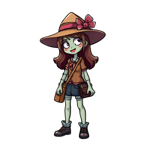 the female character in the zombie game wearing a pretty hat and a bag