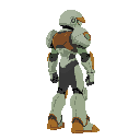 a 2d character in the style of samus from metroid or returnal facing right, the body suit colors: darkey grey, light grey, brown, green, light blue, orange. an optional helm.