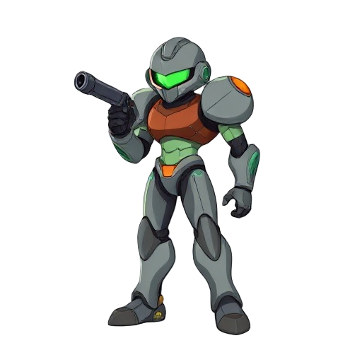 a character in the style of samus from metroid or returnal, the body suit colors: darkey grey, light grey, brown, green, light blue, orange. an optional helm.various animations: jump,walk,shoot