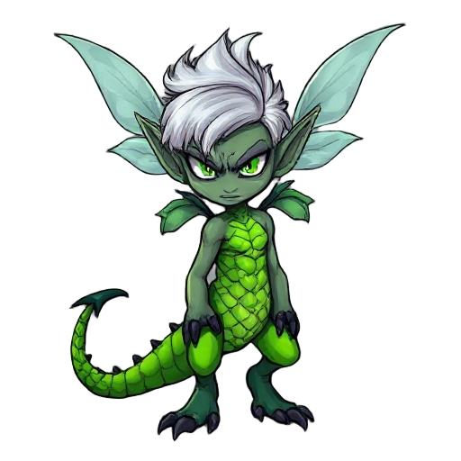 hybrid creature: upper half fairy with translucent wings, silver hair, and serious expression; lower half covered in bright green scales, spiked tail, and black claws. dark, semi-realistic cartoon style with sharp lines and dramatic shading.