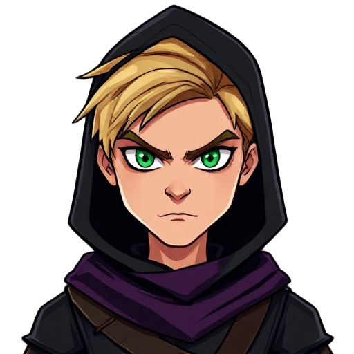 dark cartoon-style 2d digital art with defined features and dark colors, depicting a young blond man with a thin face and a slightly evil expression, intense green eyes, wearing black medieval clothing resembling an assassin, with a hood over his head and