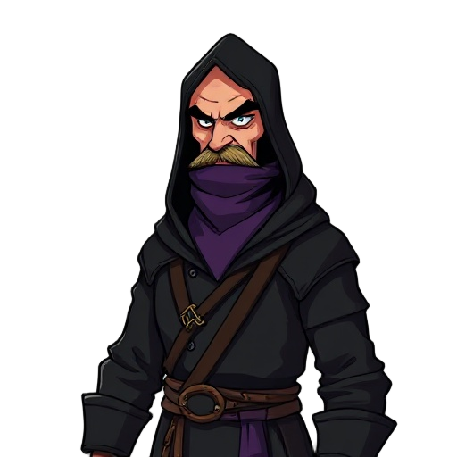 tall man (1.80m), in excellent physical shape, thin face, thin mustache and poorly trimmed beard, wearing black medieval clothing with discreet details, hood lowered behind the head, purple cloth hanging below the face (used to cover the mouth), carrying 