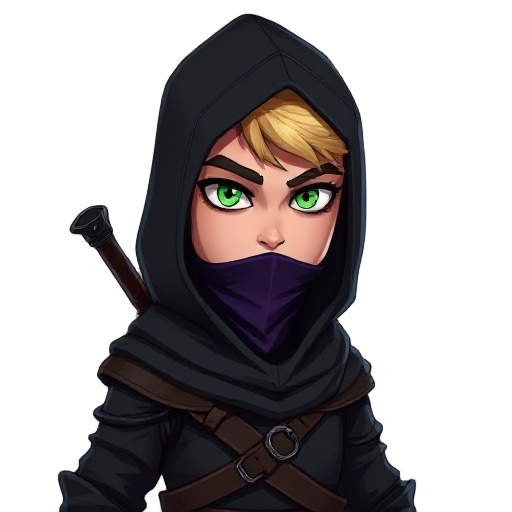 dark cartoon-style 2d digital art with defined features and dark colors, depicting a young blond man with a thin face and a slightly evil expression, intense green eyes, wearing black medieval clothing resembling an assassin, with a hood over his head and