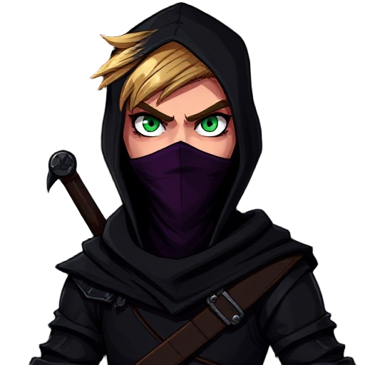 dark cartoon-style 2d digital art with defined features and dark colors, depicting a young blond man with a thin face and a slightly evil expression, intense green eyes, wearing black medieval clothing resembling an assassin, with a hood over his head and