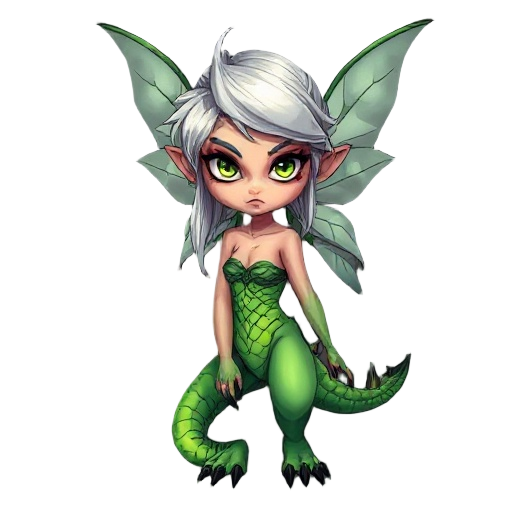hybrid woman: upper half fairy with human body and skin, translucent wings, silver hair, and serious expression; lower half covered in bright green scales, spiked tail, and black claws. dark, semi-realistic cartoon style, detailed and sharp