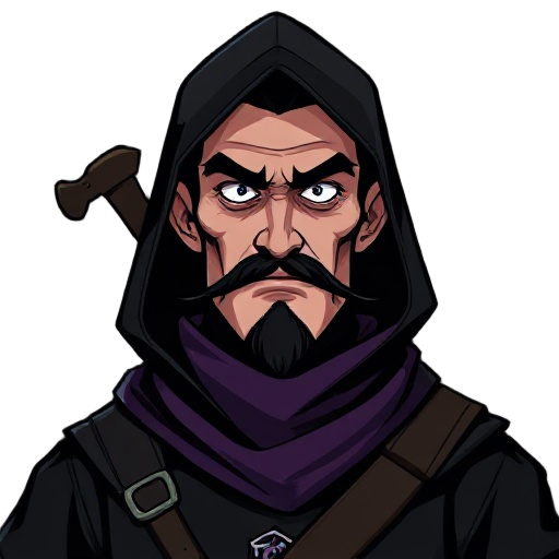 tall man (1.80 m), in excellent physical shape, thin and pale face, thin black mustache and unkempt beard, wearing black medieval clothes with discreet details, hood lowered behind the head, purple cloth lowered (used to cover the mouth), carrying a mace,
