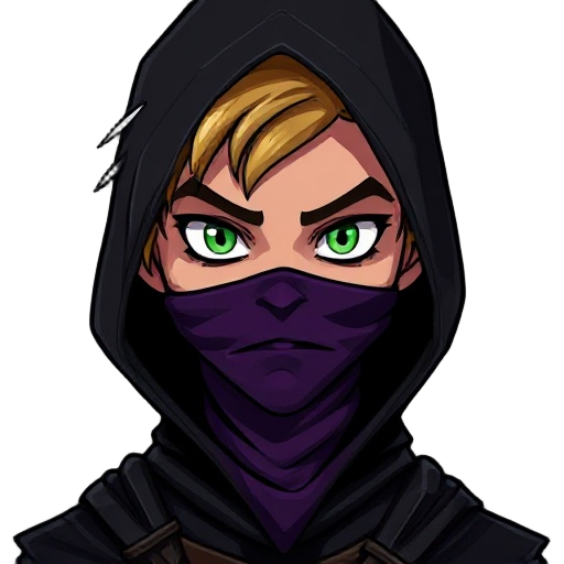 dark cartoon-style 2d digital art with defined features and dark colors, depicting a young blond man with a thin face and a slightly evil expression, intense green eyes, wearing black medieval clothing resembling an assassin, with a hood over his head and