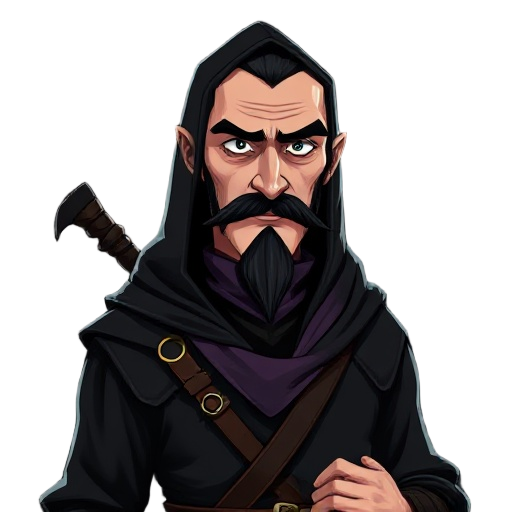 tall man (1.80 m), in excellent physical shape, thin and pale face, thin black mustache and unkempt beard, wearing black medieval clothes with discreet details, hood lowered behind the head, purple cloth lowered (used to cover the mouth), carrying a mace,