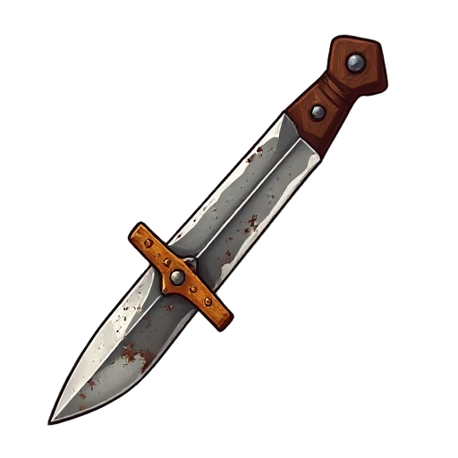 short, worn blade dagger with signs of use and small chips, aged wood handle and worn leather, rusty details, realistic style, neutral background