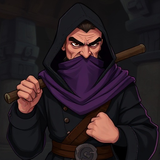 man in excellent physical shape, black medieval clothing with discreet details, hood lowered behind the head, purple cloth suspended below the face (used to cover the mouth), carrying a flail with an evil expression, mustache and poorly trimmed beard, dar