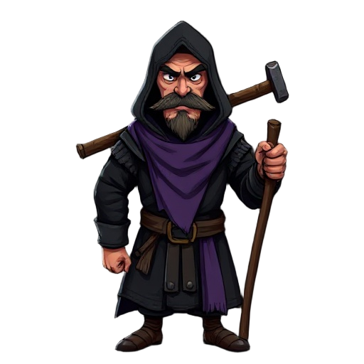 man in excellent physical shape, black medieval clothing with discreet details, hood lowered behind the head, purple cloth suspended below the face (used to cover the mouth), carrying a flail with an evil expression, mustache and poorly trimmed beard, dar