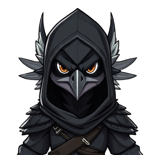 elegant and detailed aarakocra, realistic feathered wings, fierce gaze, hood and adventurer's clothing, dark colors with contrast, digital illustration style with strong lines and dramatic shading, focus on intense expression, dynamic posture