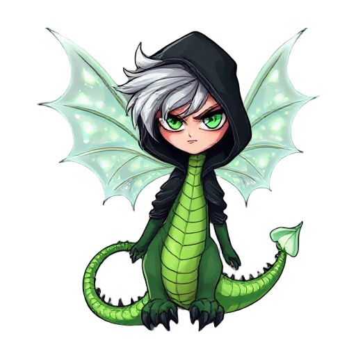 mystical fairy-serpent: translucent wings with pearly glow, enigmatic eyes, serious expression, silver hair, body of bright green scales, spiked tail and black claws. dark cartoon style with thick strokes, sharp lines, and dramatic shading, like an illust