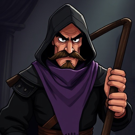 man in excellent physical shape, black medieval clothing with discreet details, hood lowered behind the head, purple cloth suspended below the face (used to cover the mouth), carrying a flail with an evil expression, mustache and poorly trimmed beard, dar