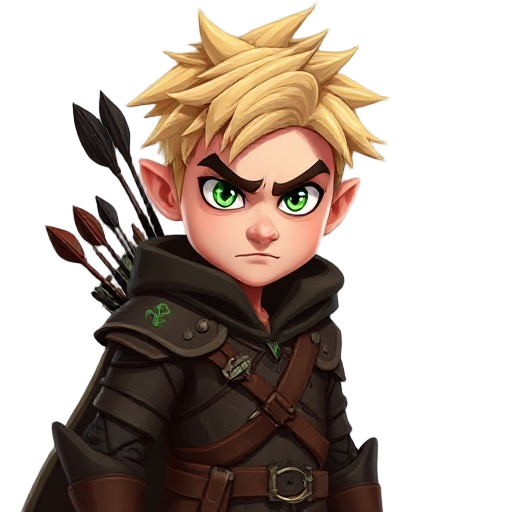 an agile 25-year-old archer with messy blonde hair and piercing green eyes. wears dark brown leather armor with green details, a flowing cape, and a quiver full of arrows. lightly tanned skin, slightly evil expression