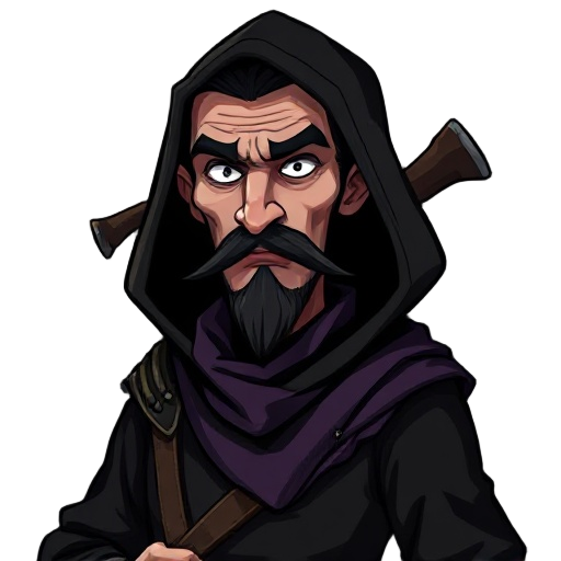 tall man (1.80 m), in excellent physical shape, thin and pale face, thin black mustache and unkempt beard, wearing black medieval clothes with discreet details, hood lowered behind the head, purple cloth lowered (used to cover the mouth), carrying a mace,