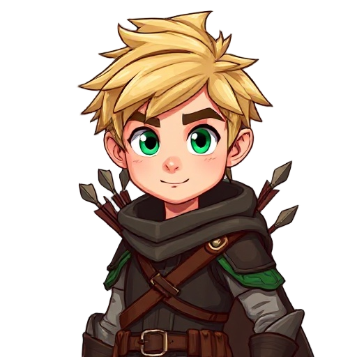an agile 25-year-old archer with messy blonde hair and piercing green eyes. wears dark brown leather armor with green details, a flowing cape, and a quiver full of arrows. lightly tanned skin, confident expression