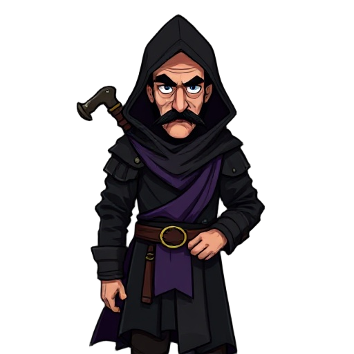 tall man (1.80 m), in excellent physical shape, thin and pale face, thin black mustache and unkempt beard, wearing black medieval clothes with discreet details, hood lowered behind the head, purple cloth lowered (used to cover the mouth), carrying a mace,