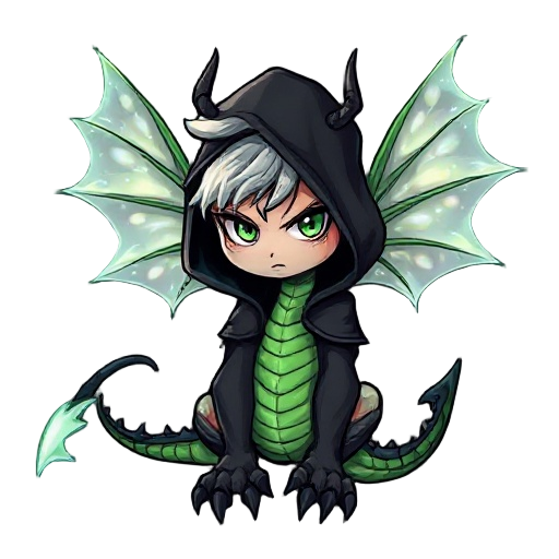 mystical fairy-serpent: translucent wings with pearly glow, enigmatic eyes, serious expression, silver hair, body of bright green scales, spiked tail and black claws. dark cartoon style with thick strokes, sharp lines, and dramatic shading, like an illust