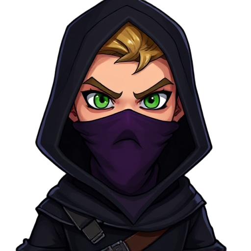 dark cartoon-style 2d digital art with defined features and dark colors, depicting a young blond man with a thin face and a slightly evil expression, intense green eyes, wearing black medieval clothing resembling an assassin, with a hood over his head and