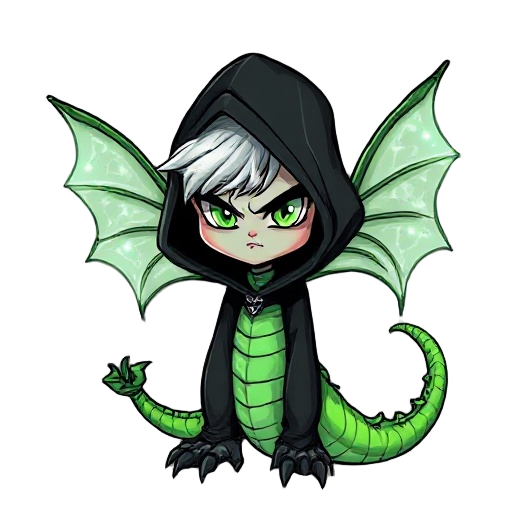 mystical fairy-serpent: translucent wings with pearly glow, enigmatic eyes, serious expression, silver hair, body of bright green scales, spiked tail and black claws. dark cartoon style with thick strokes, sharp lines, and dramatic shading, like an illust